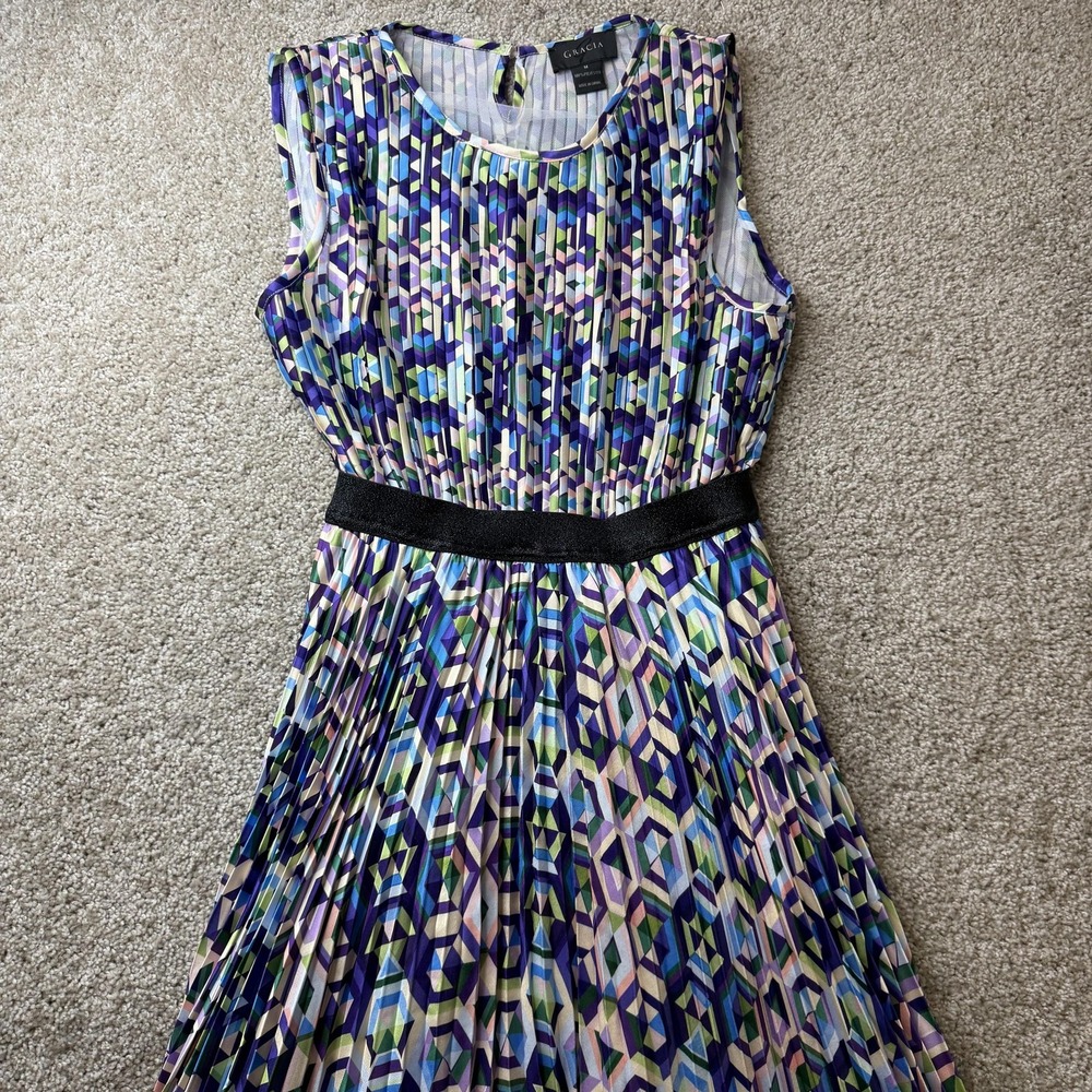 Gracia Dress Womens Medium Multicolor Geometric Pleated Fit & Flare Chiffon Midi